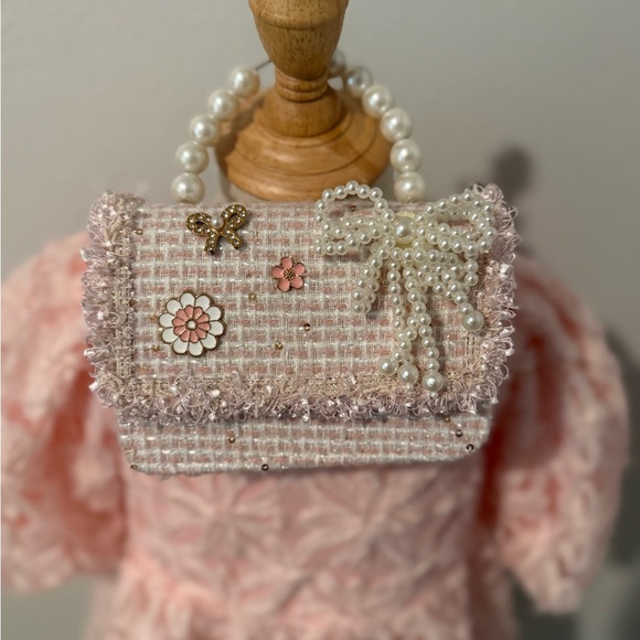Other - Pink Tweed Top Handle Handbag with Pearl Accents Boutique Fashion